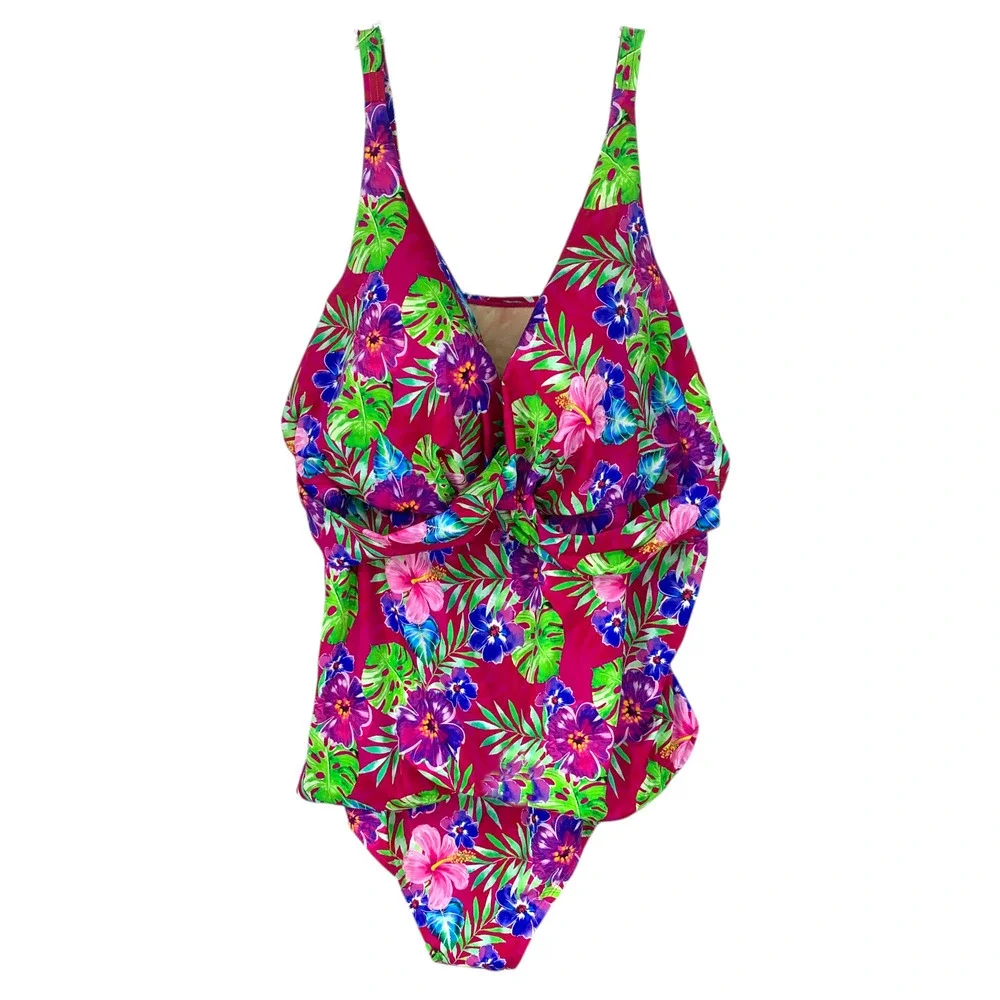 Swimsuits For All Plus Sz 34 Tummy Control Sarong Front Floral 1 Piece Swimsuit